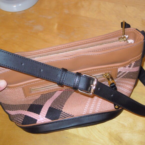 Spartina Pink & Black Plaid check Shoulder Hand Bag Purse Leather Linen NWT USA - Picture 7 of 12